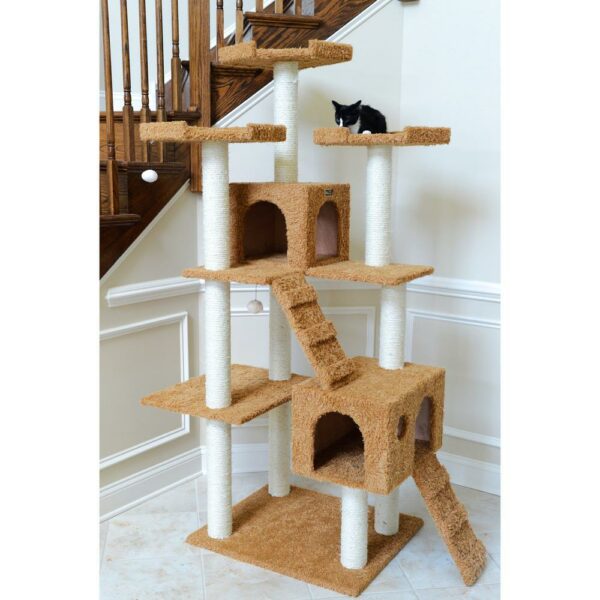 Armarkat 74" Multi-Level Real Wood Cat Tree Large Cat Play Furniture With SratchhIng Posts, Large Playforms, A7407 Ochre Brown - Image 9